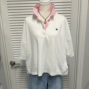 Sewing Down South White Polo with Pink Twill Collar and Drop Sleeves